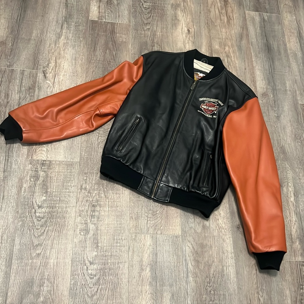 Harley Davidson Leather Jacket Orange & Black - Sz L